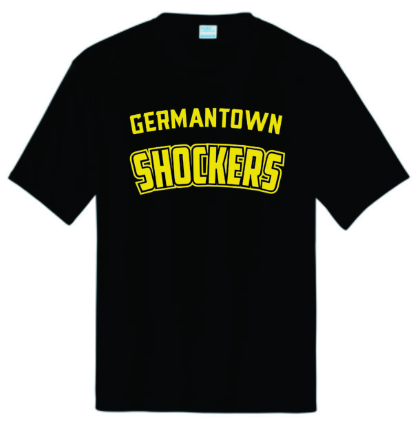 Black t-shirt with Germantown Shockers logo.