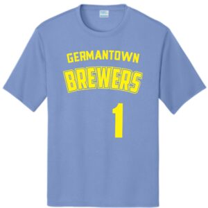 Blue t-shirt with yellow "Germantown Brewers 1"