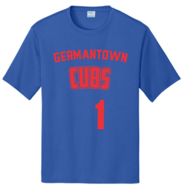 Blue t-shirt with red Germantown Cubs logo and number 1.