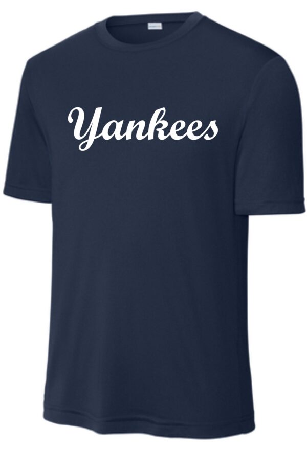 Navy blue t-shirt with white Yankees logo.