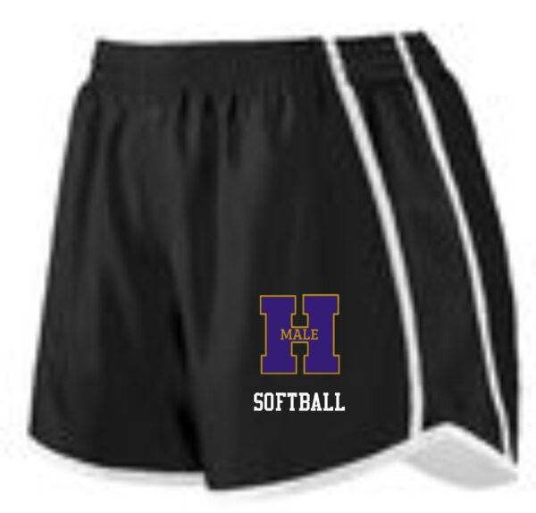 Black softball shorts with "Male" logo.