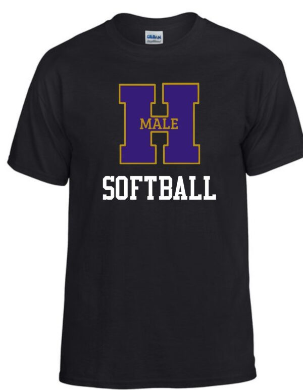 Black t-shirt with Male H softball logo.