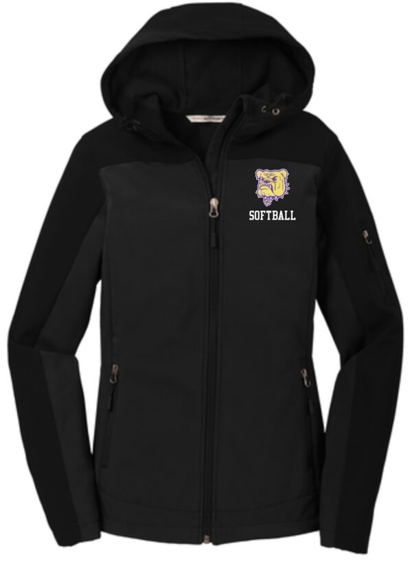 Black hooded softball jacket with bulldog logo.