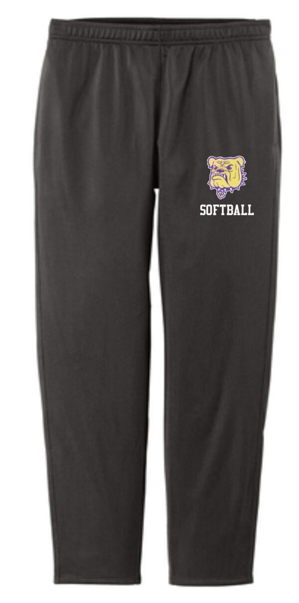 Gray softball pants with bulldog logo.