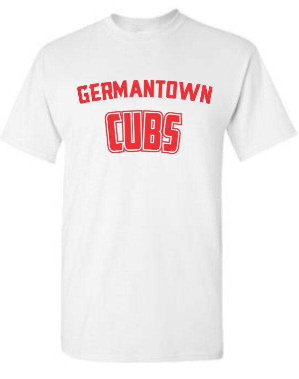 White t-shirt with red "Germantown Cubs" logo.