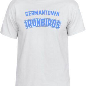 White t-shirt with blue "Germantown Ironbirds" logo.