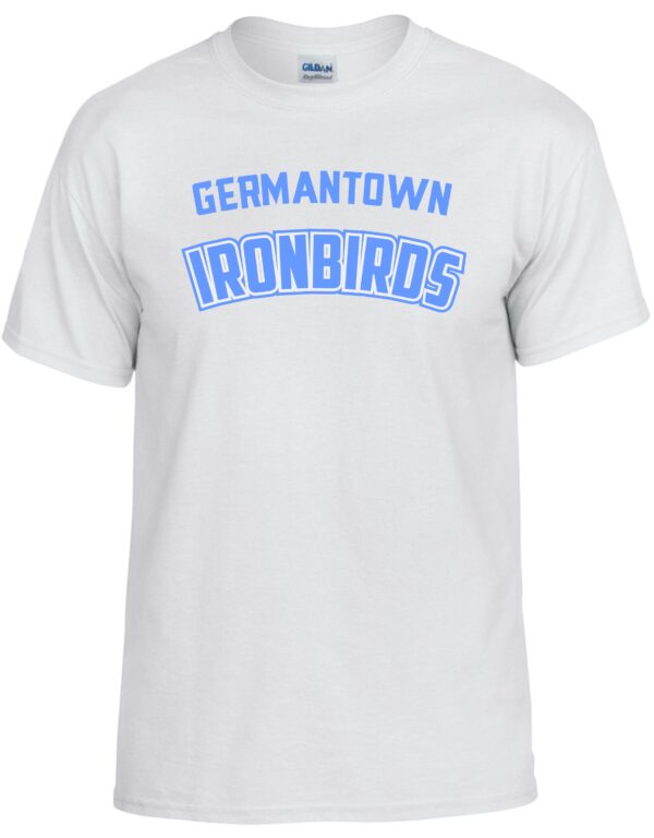 White t-shirt with blue "Germantown Ironbirds" logo.