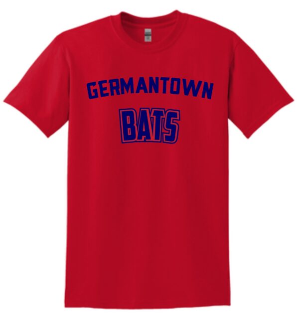 Red t-shirt with "Germantown Bats" logo.