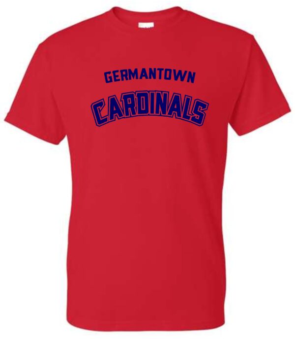 Red T-shirt with "Germantown Cardinals" logo.