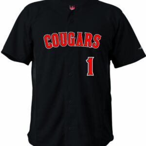 Black baseball jersey with red Cougars and number 1.