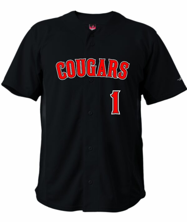 Black baseball jersey with red Cougars and number 1.