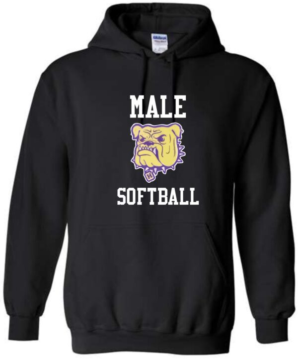 Black hoodie with male softball mascot.