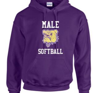 Purple hoodie with a bulldog and "Male Softball"