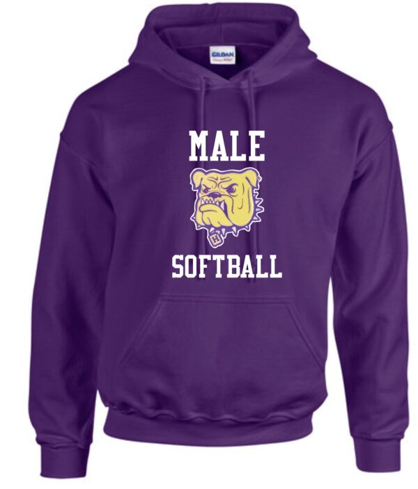 Purple hoodie with a bulldog and "Male Softball"