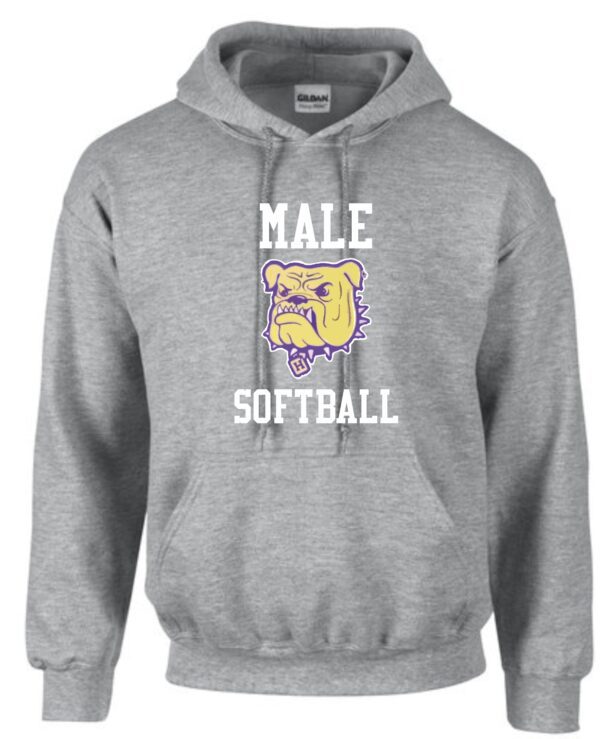 Grey hoodie with male softball logo.