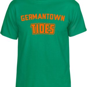 Green t-shirt with orange "Germantown Tides" text.