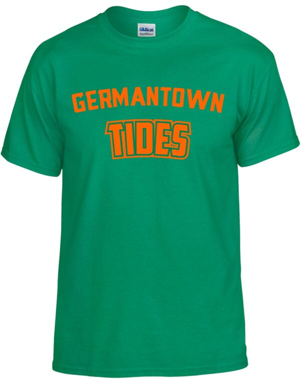 Green t-shirt with orange "Germantown Tides" text.