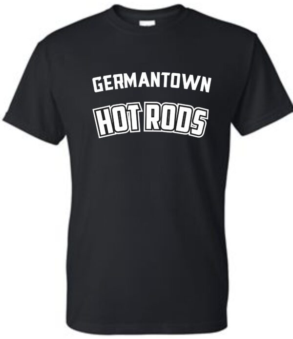 Black t-shirt with "Germantown Hot Rods" text.