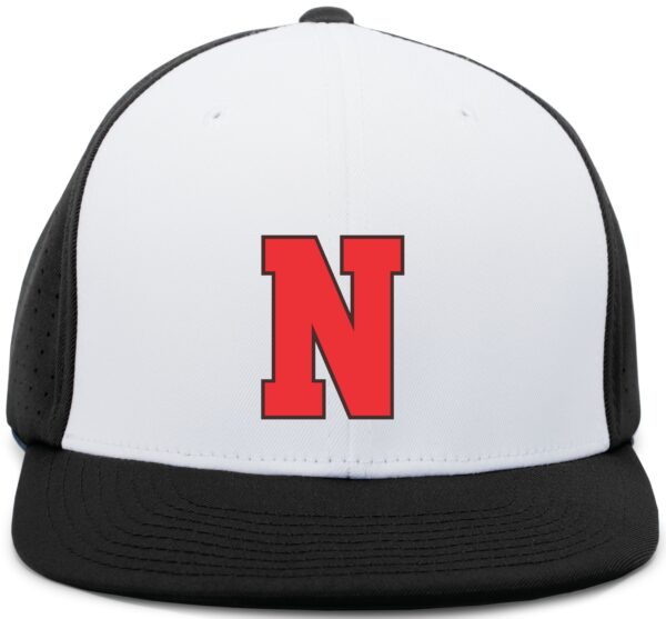 White and black baseball cap with red N.