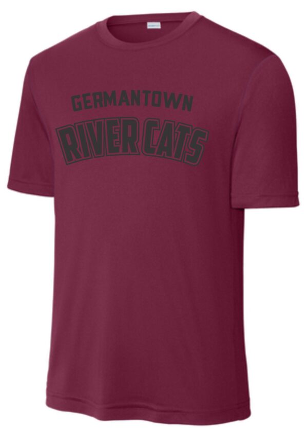 Burgundy t-shirt with "Germantown River Cats" logo.