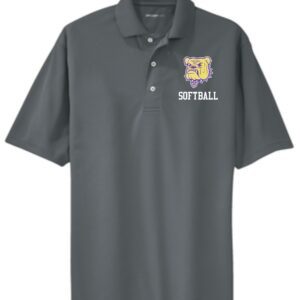 Gray softball polo with bulldog logo.