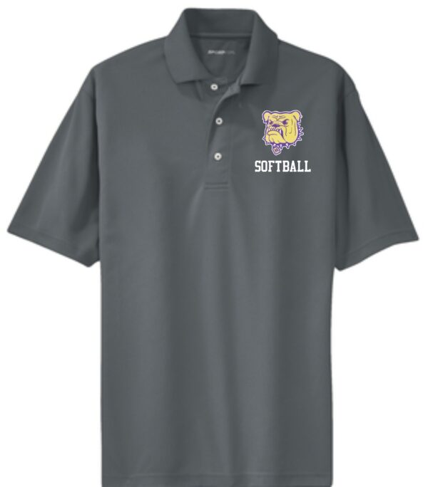 Gray softball polo with bulldog logo.