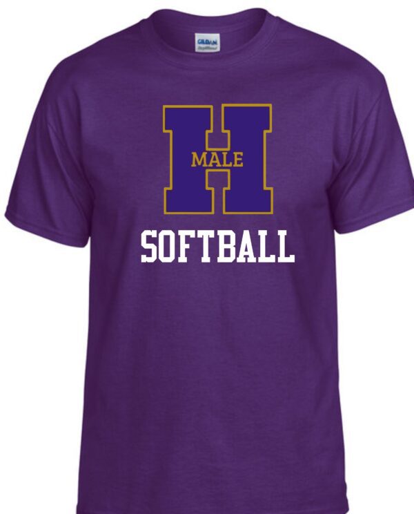 Purple t-shirt with Male Softball logo.