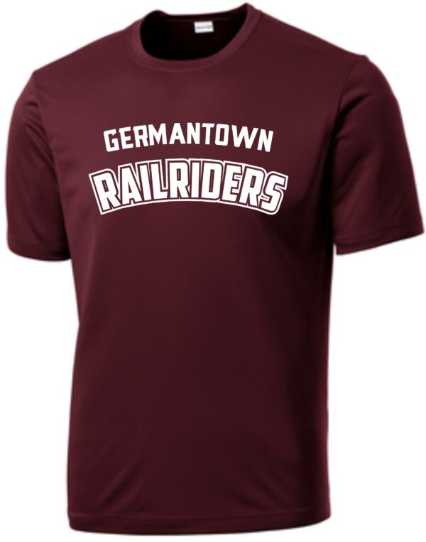 Maroon t-shirt with white "Germantown Railriders" logo.