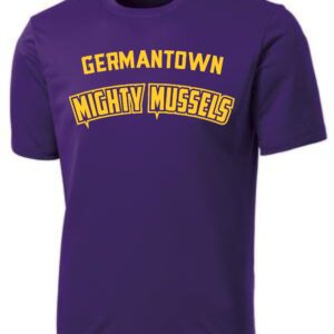 Purple t-shirt with "Germantown Mighty Mussels" logo.