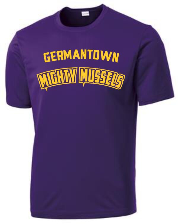 Purple t-shirt with "Germantown Mighty Mussels" logo.