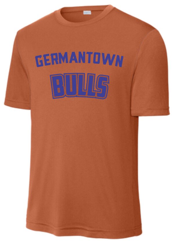 Orange T-shirt with Germantown Bulls logo.