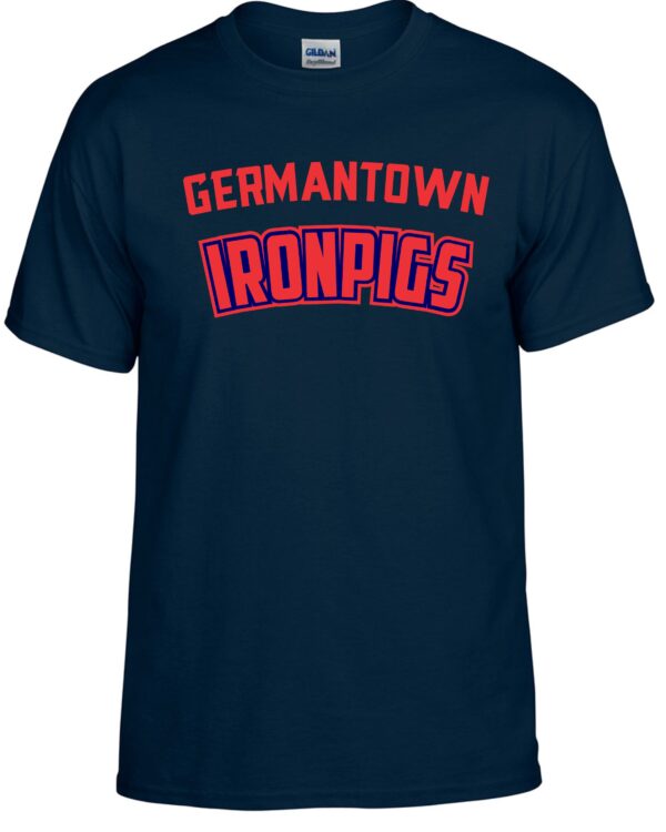 Blue t-shirt with red "Germantown IronPigs" logo.