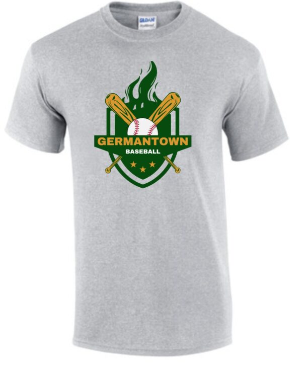 Grey t-shirt with Germantown baseball logo.