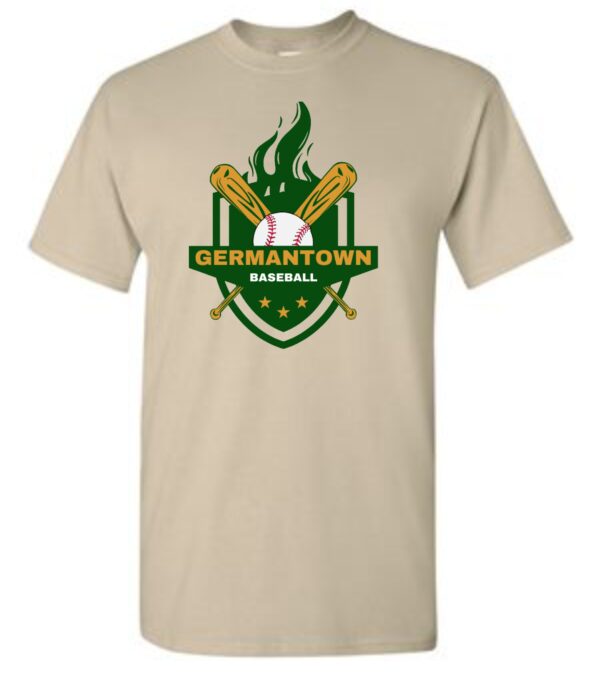 Beige t-shirt with Germantown baseball logo.