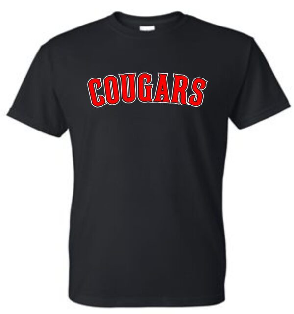 Black t-shirt with red "Cougar" text.