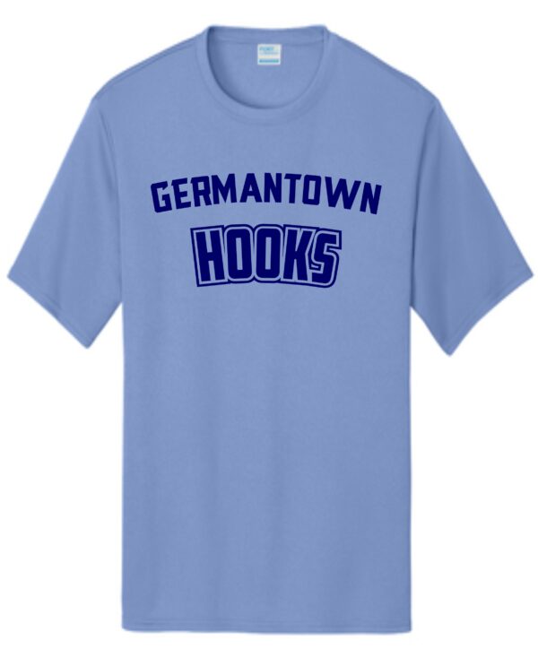 Light blue t-shirt with "Germantown Hooks" logo.