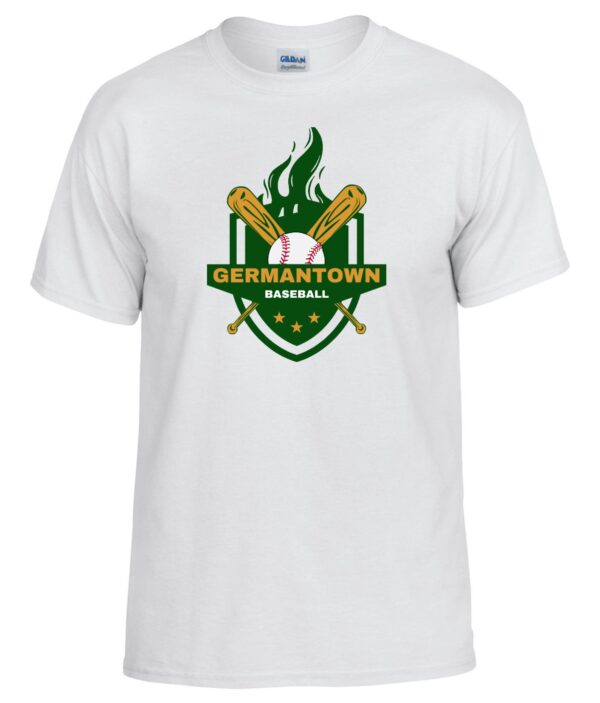White t-shirt with Germantown baseball logo.