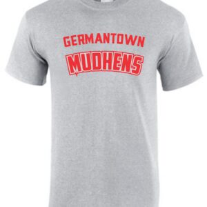 Grey t-shirt with red Germantown Mudhens logo.