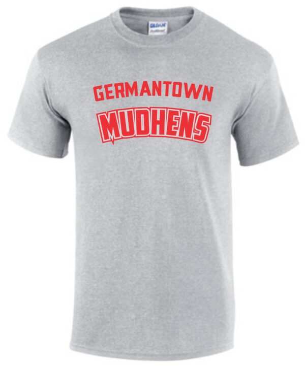 Grey t-shirt with red Germantown Mudhens logo.