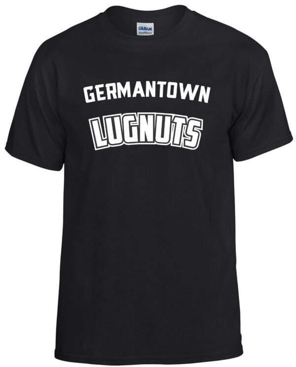 Black t-shirt with "Germantown Lugnuts" text.