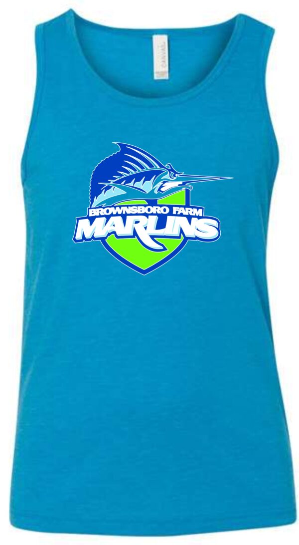 Blue tank top with a Marlin logo.