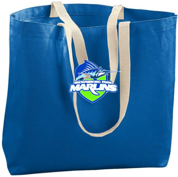 Blue tote bag with a marlin logo.