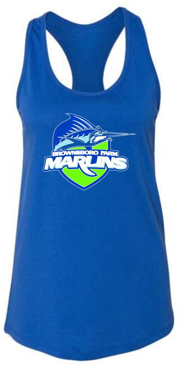 Blue tank top with Brownsboro Farm Marlins logo.