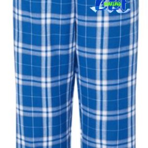 Blue and white plaid pants with logo.