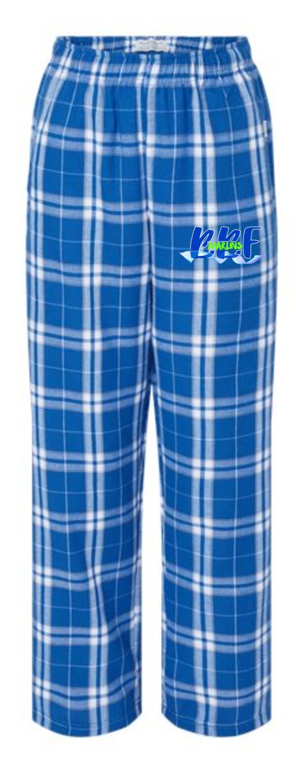 Blue and white plaid pants with logo.