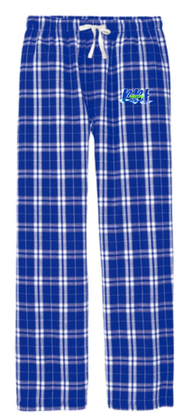 Blue and white plaid pajama pants.