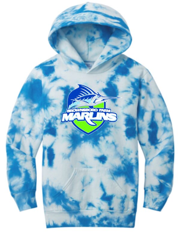 Blue and white tie-dye hoodie with logo.