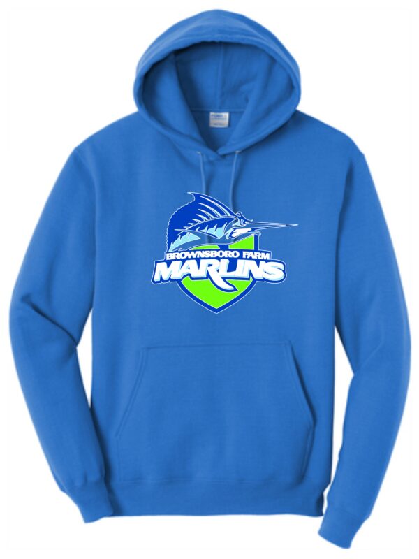 Blue hoodie with Brownsboro Farm Marlins logo.