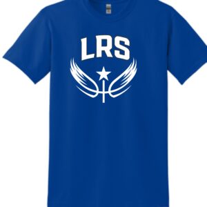 Blue t-shirt with LRS logo and wings.