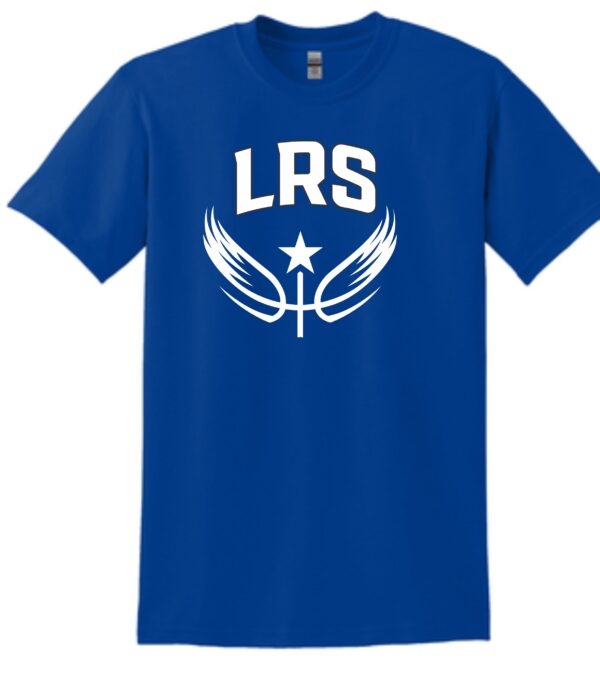 Blue t-shirt with LRS logo and wings.